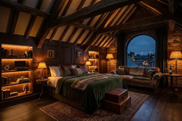 Loft suite with sitting area under the roof beams
