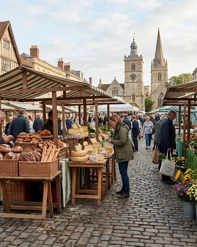 Market square with stalls and old buildings