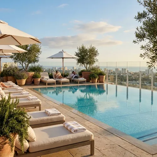 Heated rooftop pool with loungers
