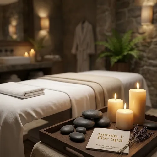 Hotel spa treatment room with towels and soft light