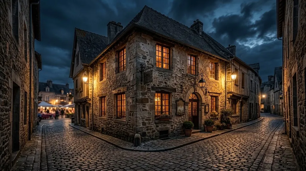 Boutique hotel exterior at dusk